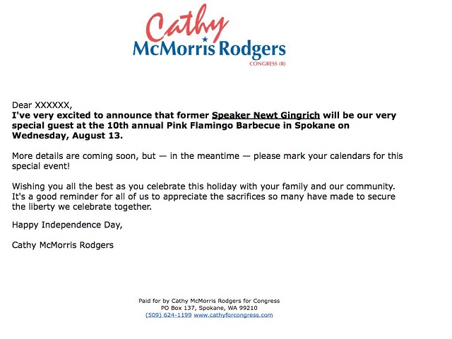Newt Gingrich will be huckstering at an event for McMorris Rodgers
