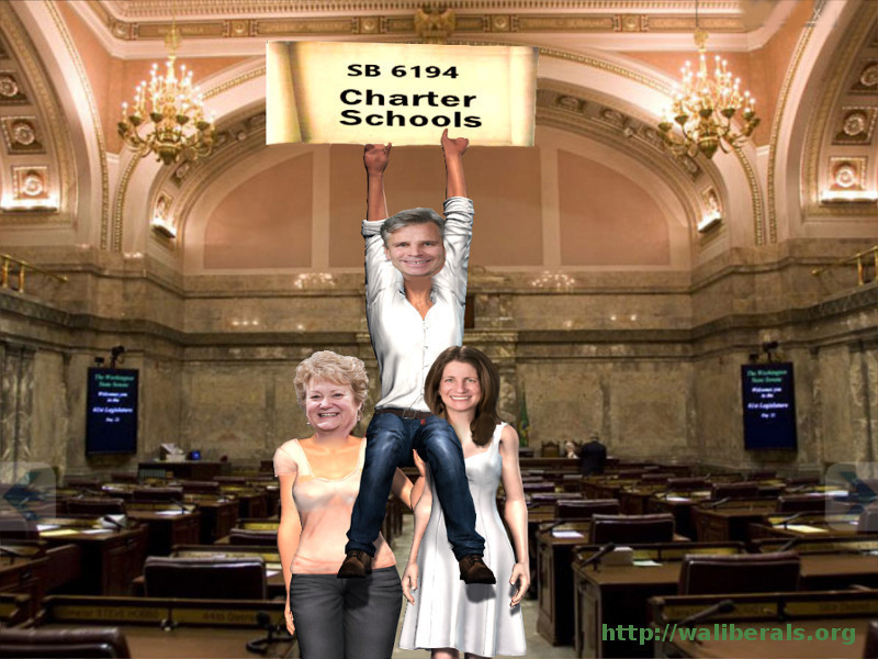 Judy Clibborn and Tana Senn hold Steve Litzow on their shoulders as Litzow celebrates his charter school victory