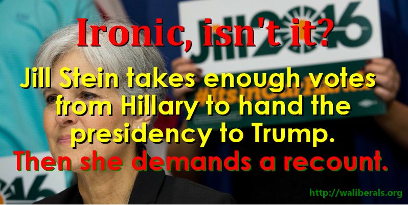 Ironic, isn't it? Jill Stein takes enough votes from Hillary to hand the presidency to Trump. Then she demands a recount.