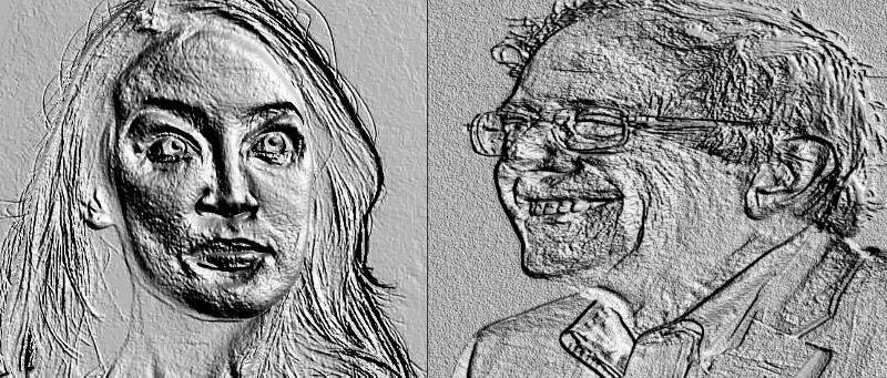 Alexandria Ocasio-Cortez and Bernie Sanders, distorted with embossing via gimp